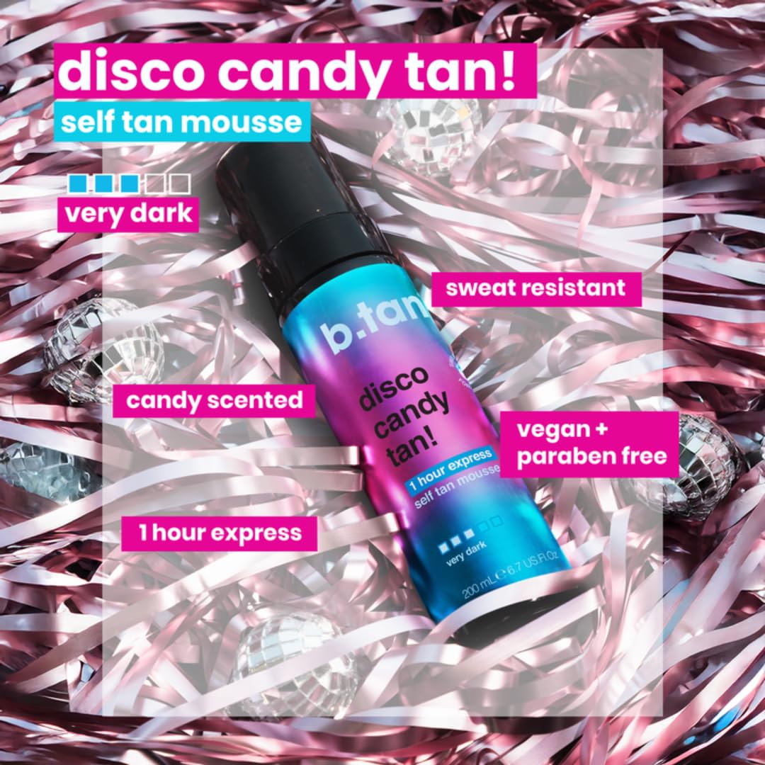 b.tan Self Tanner | Disco Candy Tan Self Tanning Mousse - Fast, Dark Self Tan That Parties as Hard as You, Candy-Scented, Sweat-Proof & Transfer Resistant, Vegan, Cruelty + Paraben Free, 200 ml