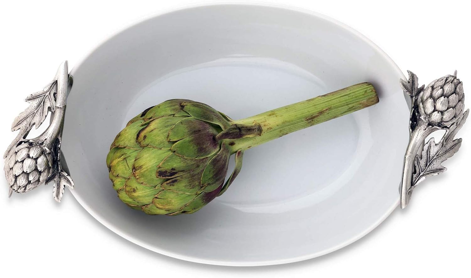 Vagabond House Stoneware Serving Dish with Pewter Artichoke Handles 14 inch x 8.5 inch