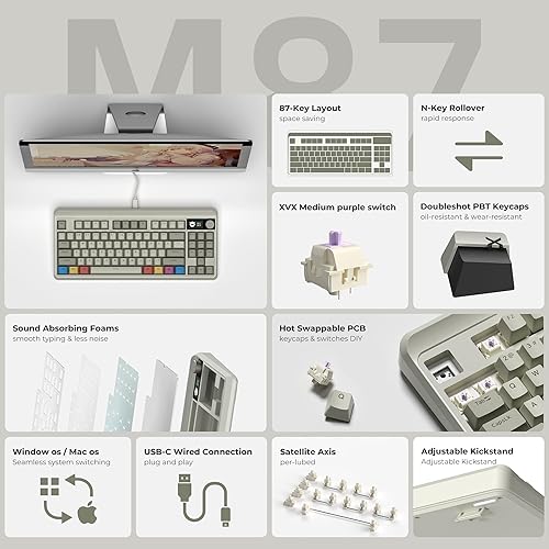 Miniatura 6 de OHY XVX Teclado para juegos retro 75% con cable con 2 puertos HUB, teclado mecánico M87 Pro con interruptores personalizables, RGB compacto para