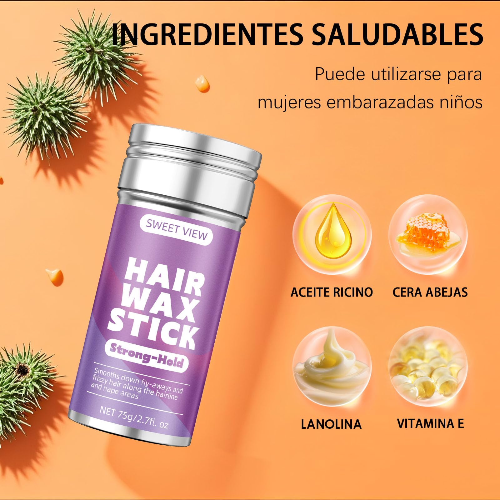 SWEET VIEW Cera para el cabello en barra, bálsamo de fijación flexible para alisar cabellos rebeldes, encrespados, coletas, moños, accesorios de peinado para mujeres, niñas y niños