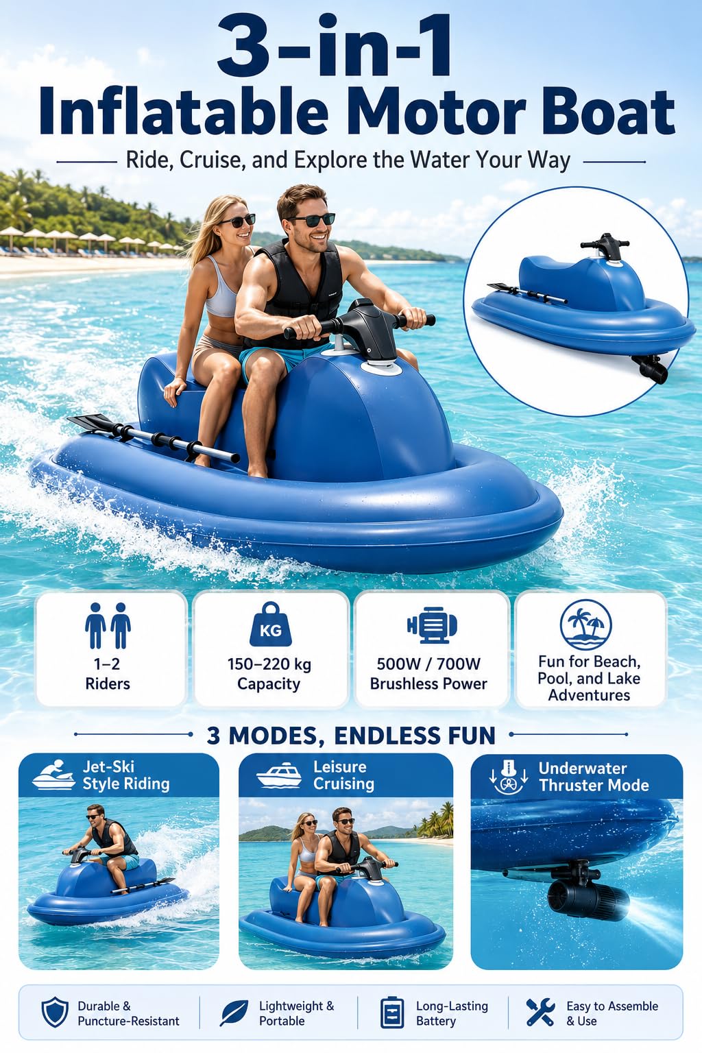 Elektrisches Schlauchboot mit Unterwasser Scooter für 1-2 Personen 500W10A | 3-9 Km/H Geschwindigkeit, Aufgeblasen 217 X 116 Cm, Sitz 100 Cm, Sitzhöhe 25 Cm, Traglast 150-220 Kg, Faltbar Mit Pumpe