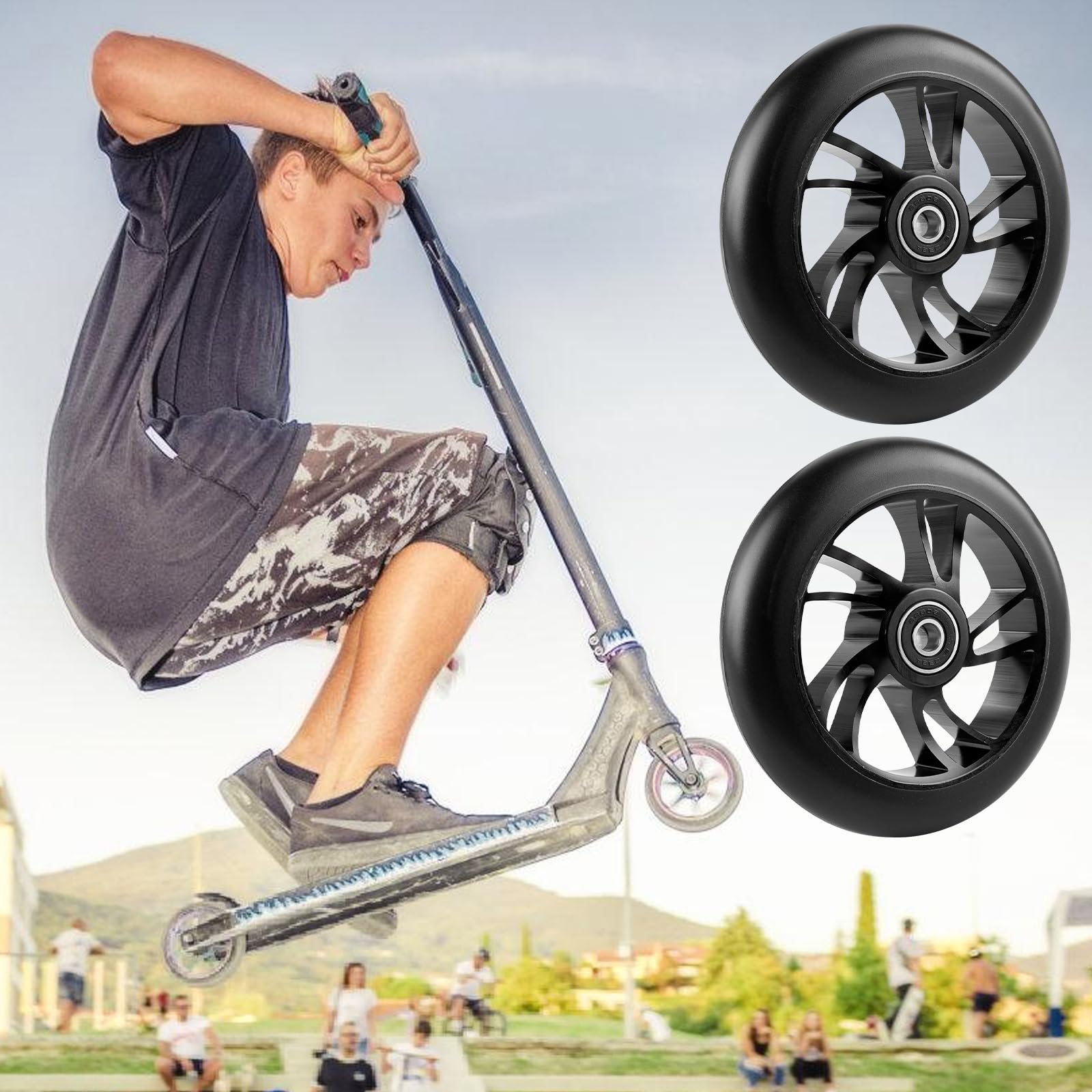 Vegena 2 ruote di ricambio per scooter, scooter, ruote di ricambio, 100 mm, con cuscinetti Abec-9, ruote di ricambio per monopattini e scooter (nero