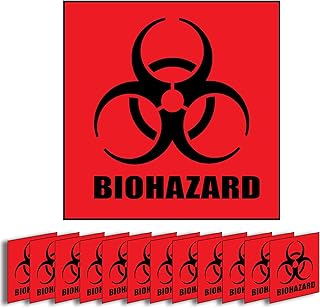 Biohazard Warning Label, 6" x 6", Pack of 12 Labels, Coated Paper, Red-Orange Universal Biohazard Symbol Sticker for Hospital and Industrial Use, Self-Adhesive