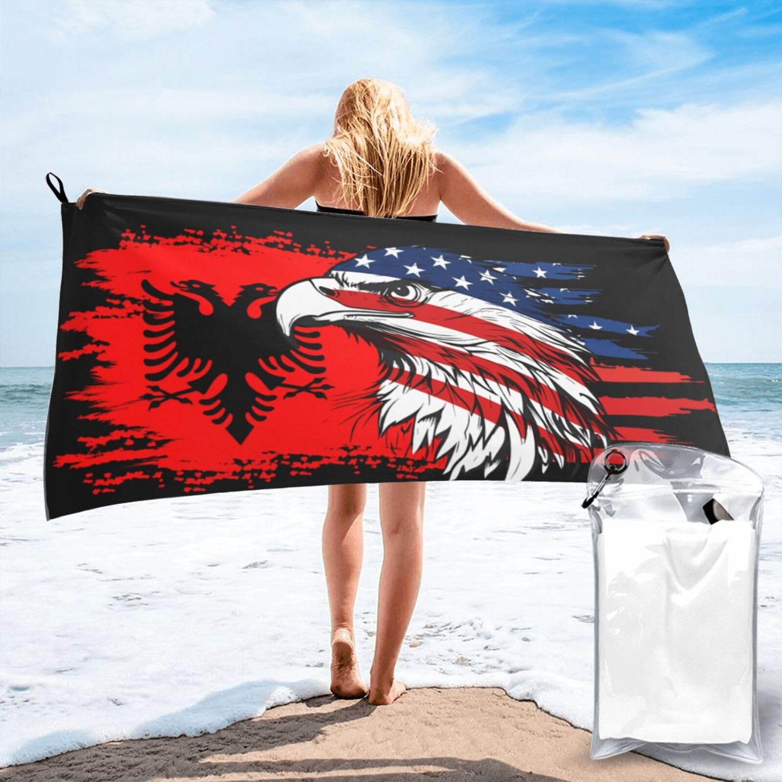 HACXZ America Flag and Albania Albanian Flag Microfiber Beach Towel Lightweight Absorbent Travel Pool for Men Women 31.5"X63"