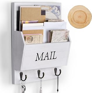 DLQuarts Solid Wood Mail Organizer with Key Holder for Wall, Mail Sorter Wall Mounted, Decorative Wooden Key and Mail Holder with 3 Hooks, Soft White