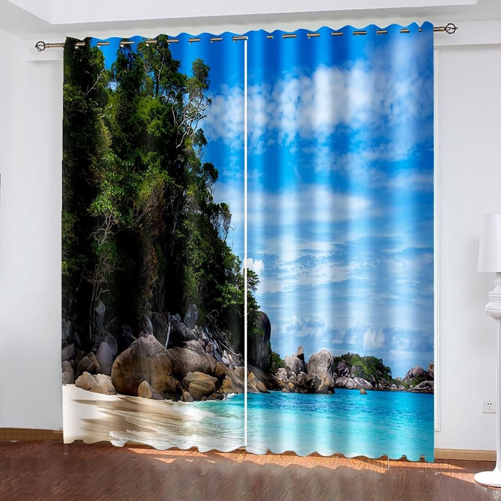 2 zasłony do pokoju dziecięcego, nieprzejrzyste, 2 x 102 x 160 cm (dł. x szer. x wys.), zestaw zasłon na przelotkach, na plażę palmową i niebo, krajobraz, niebieski, brązowy, zielony, zasłony do