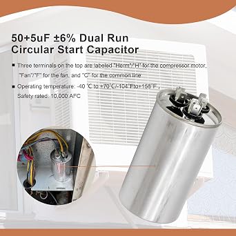 2 Pack 50+5uF 6% 50/5 MFD 370/440 VAC CBB65 Dual Run Circular Round Start Capacitor for Condenser Straight Cool or Heat Pump Air Conditioner, AC Motor Run, Fan Start