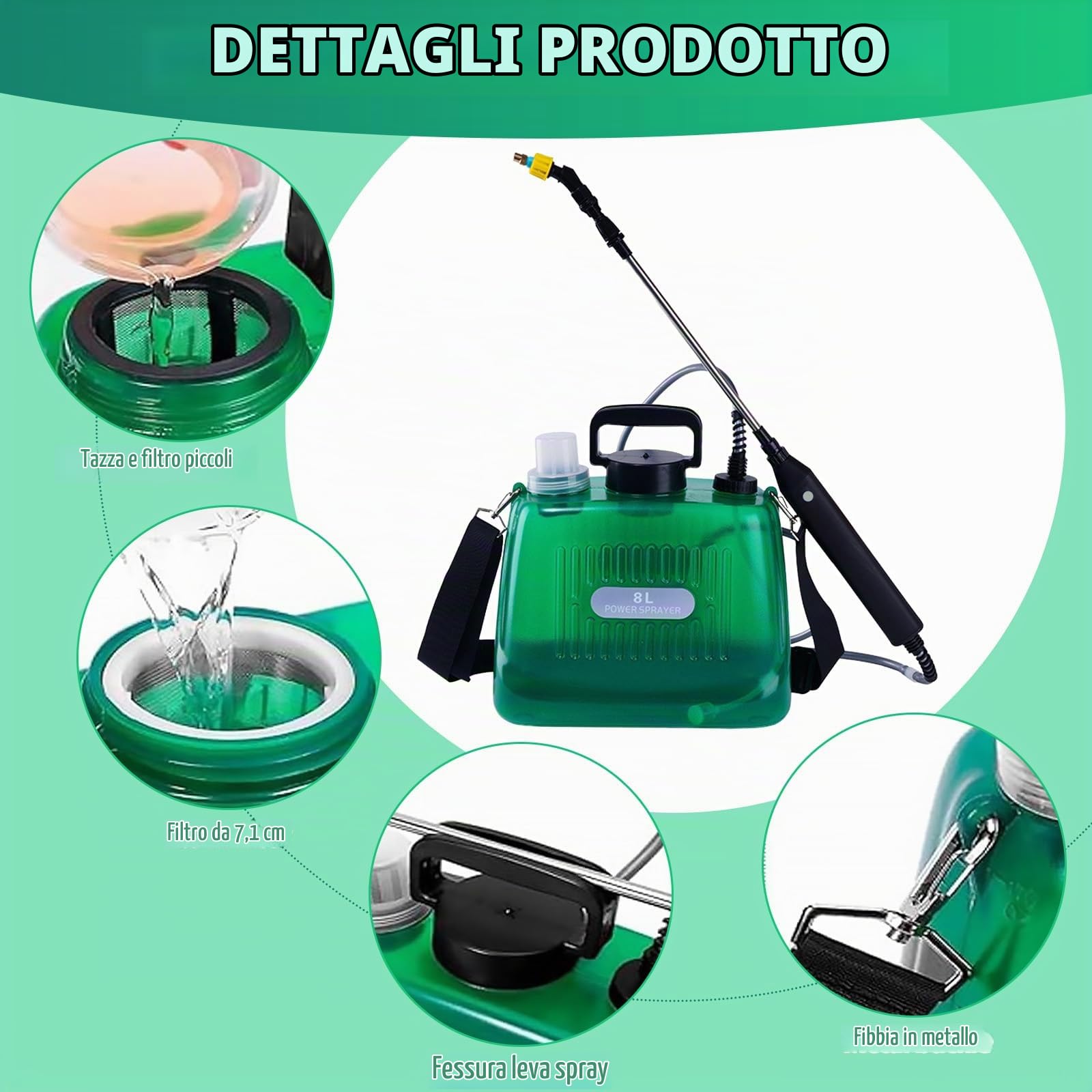 Spruzzatore a Pressione da 8L, Spruzzatore Elettrico con 3 Ugelli Nebulizzatori, Barra Spray Retrattile