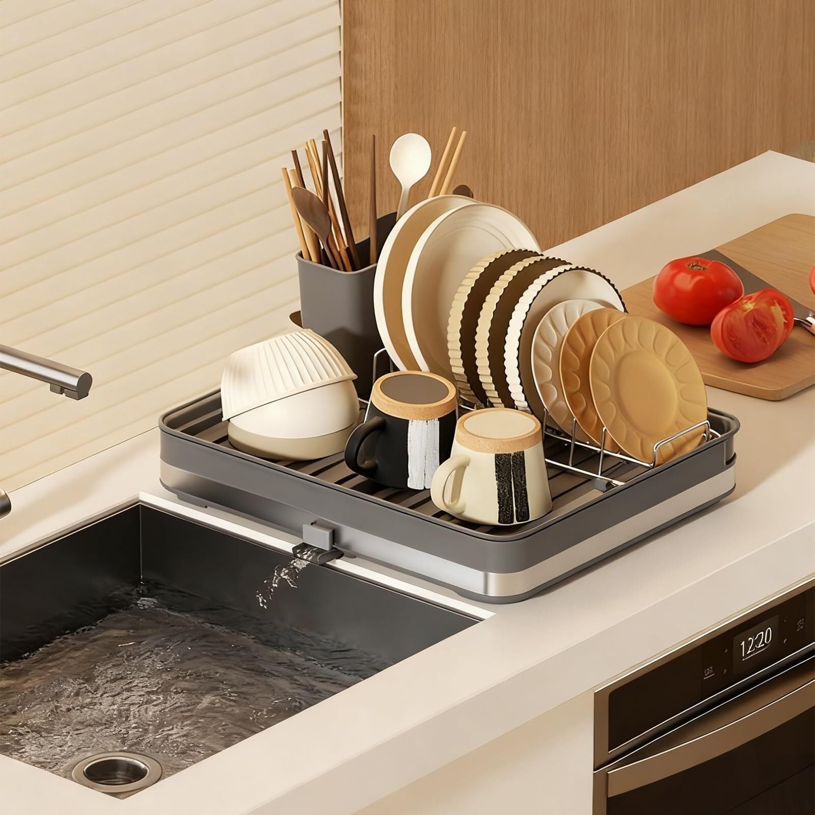 ARUNASC dish racks Dish Drying Rack Dish Drainer with Removable Utensil Holder & Drain Board Space-Saving for Kitchen Countertop drainer(Apricot Ash,Style 4)
