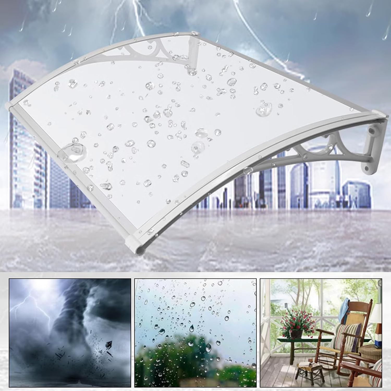 Outdoor Window Rain Shelter Cover for Front/Back Door Porch Clear Polycarbonate Cover,White Bracket,Self Cleaning Uv Rain Snow Protection Front Door Canopy Patio Porch Awning (60x80cm/24 x32