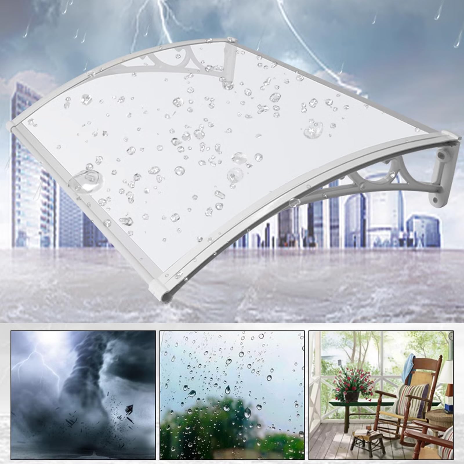 Marquesinas Exterior para Puertas y Ventanas,Marquesina para Puerta de Entrada,Contra Sol y Lluvia Para Balcón,Patio,con Paneles de Policarbonato Transparente,Soporte Blanco (100x200cm/39"x79")