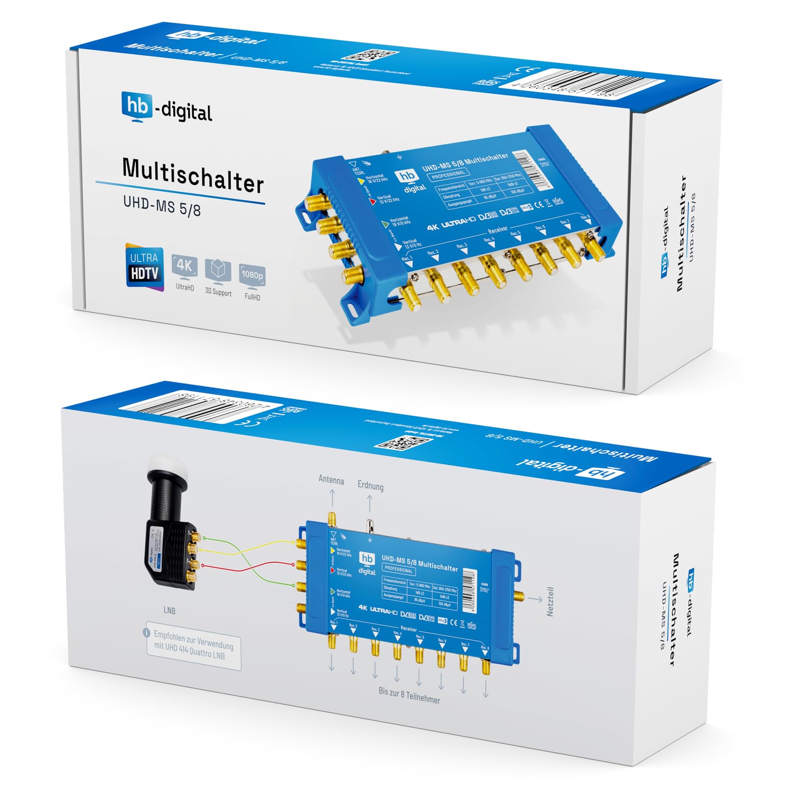 Commutateur Multiple Pmse 5/8 HB-Digital 1x Sat jusqu'à 8 récepteurs/récepteur pour TV Full HDTV 3D 4K UHD avec Bloc d'alimentation