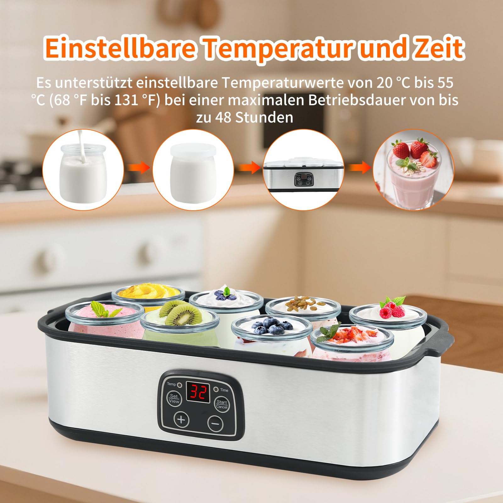 Joghurtbereiter, 8 Glasbehälter à 180 ml für bis 1.5L Joghurt Maker