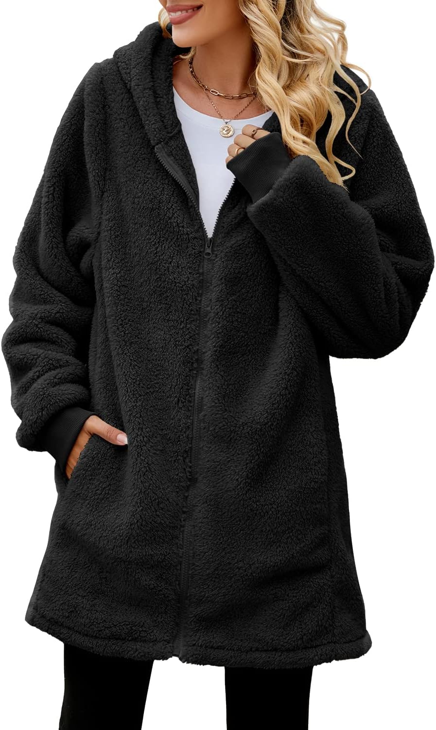 Yanekop Womens Oversized Sherpa Jacket Fuzzy Fleece Zip Up Jacket Warm Winter Coats Faux Fur Coat with Pockets - Image 3