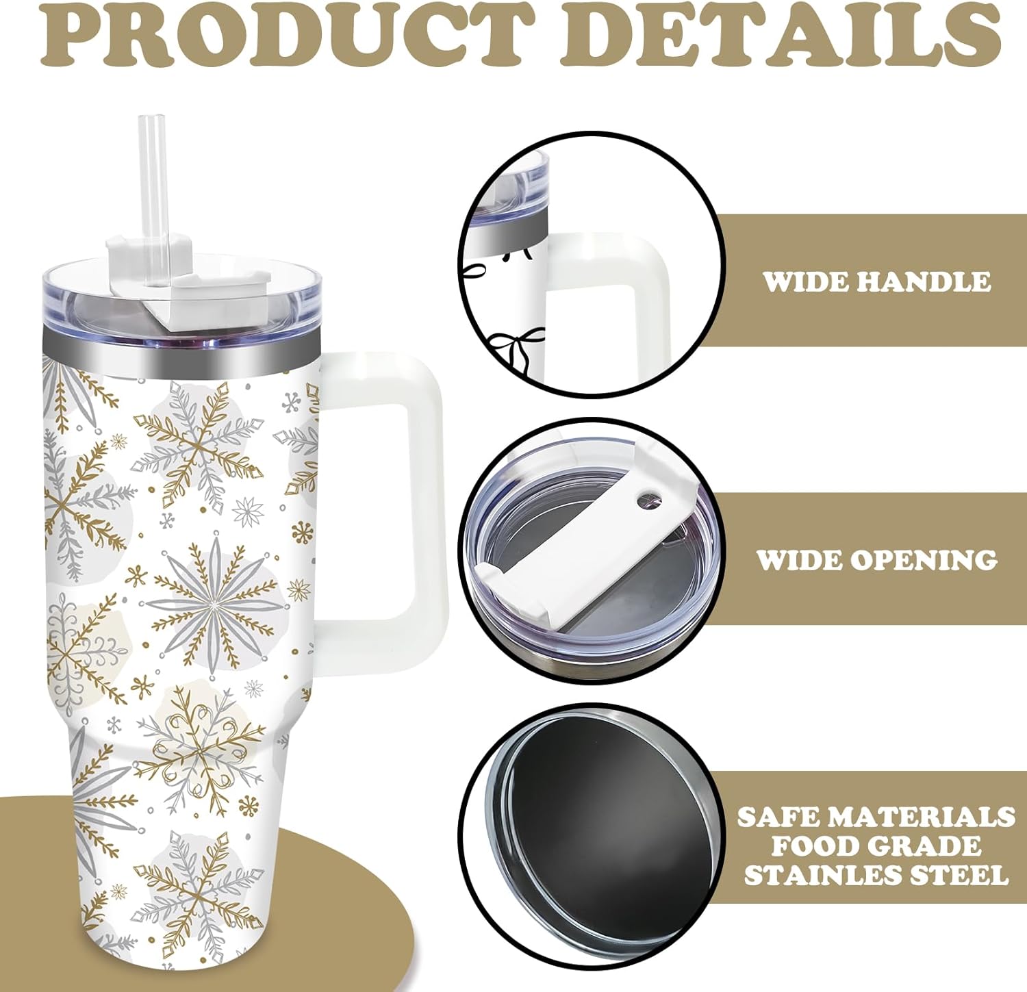 JarThenaAMCS Christmas Tumbler with Lid Straw 40 Oz Gold Silver Snowflake Stainless Steel Travel Tumbler Cup with Handle for Xmas Winter Iced Coffee Party Favor - Image 3