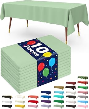 Pureegg Plastic Table Cloth Disposable 10 Pack, 52 x 70 Inch Table Cloths, Easter Party, Decorative Tablecloths, Rectangle, Light, Pastel Plastic Cover, Waterproof & Sturdy, Sage Green