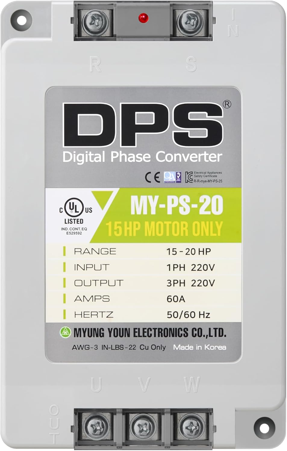 DPS Sinlge Phase to 3 Phase Converter, 20HP, 60A, Input/Output 200V - 240V MY-PS-20 Model Must Be Used for 15HP(11kW) 45A Motor, DPS Must Be Used for 1 Motor Only, UL-Listed