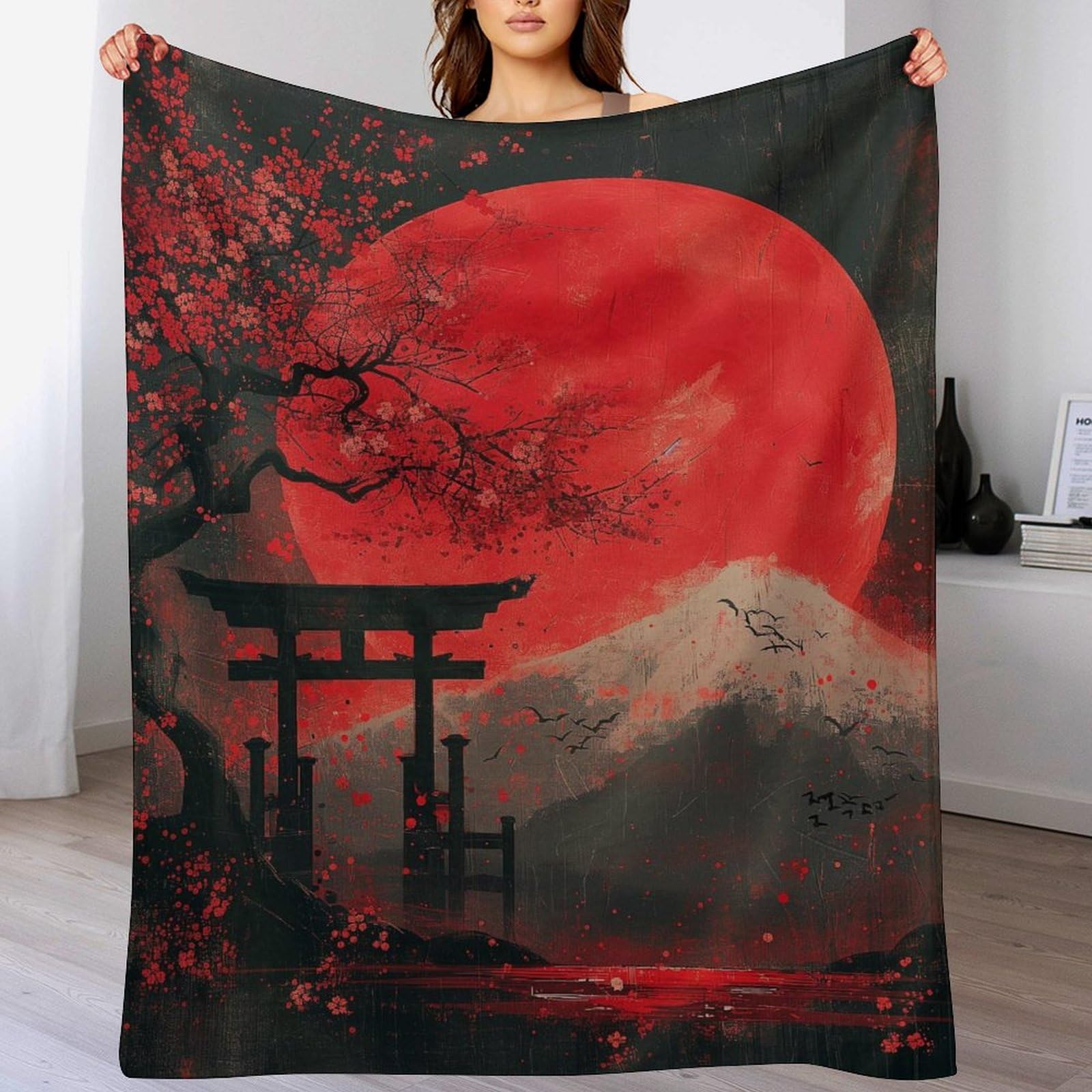 Couverture polaire cerisier japonais en flanelle douce et finitions d'art