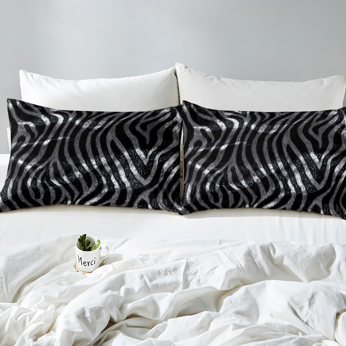 jejeloiu Zebra Sheet Set Queen Size Animal Print Bed Sheets Set Boys Girls Zebra Fur Print Sheets with Deep Pocket Fitted Sheet Women Men Black Gray White Stripes Bedding Set with 2 Pillow Case