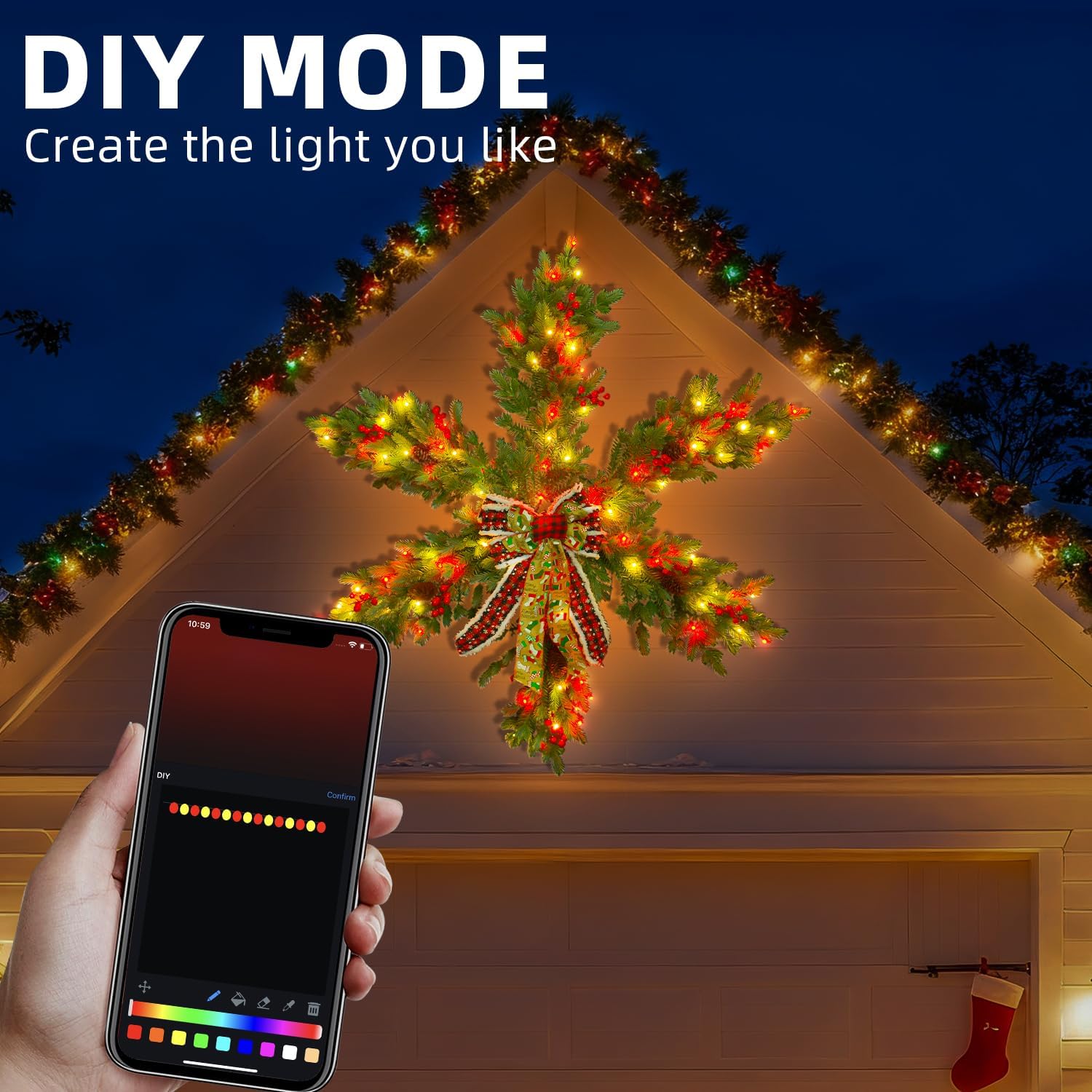 48 Inch Smart Large Christmas Wreath, RGB LED Pre-Lit Artificial Star Wreath App Control DIY Color, Music Sync, Timer, Waterproof Door Wall Mantel Holiday Accent Decorations w/Bow-tie, Power Plug-in