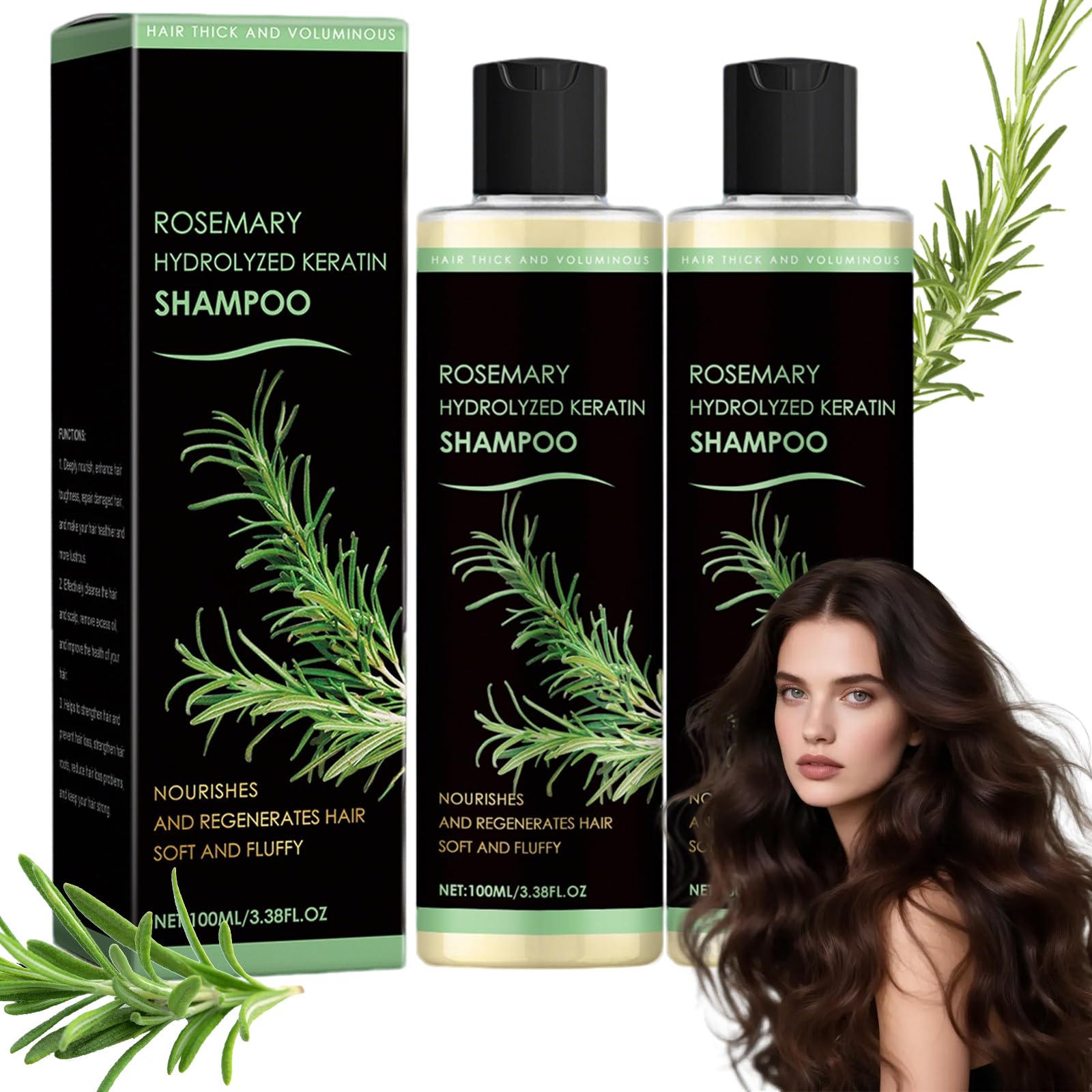 Lot de 2 shampooings au romarin, à essence d'herbe, pour femmes et hommes, shampooing naturel à la kératine hydrolysé, croissance des cheveux, épaississant et fortifiant