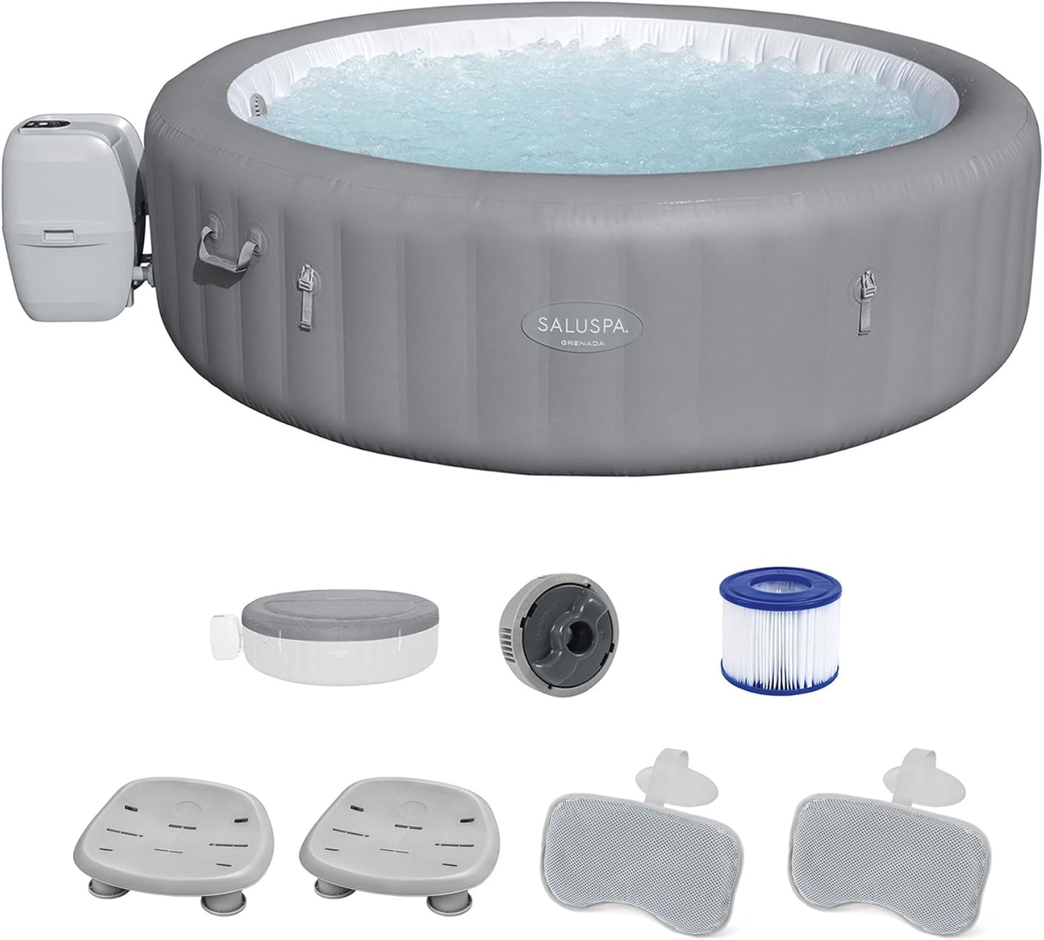 Bestway SaluSpa Grenada AirJet Inflatable Hot Tub with Set of 2 Underwater Non-Slip Pool and Spa Seat and 2 PackPadded Headrest Pillows, Gray