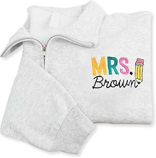 Personalized Mrs Embroidered Quarter Zip Sweatshirt With Name, Teacher Gift, Custom Back To School Pullover