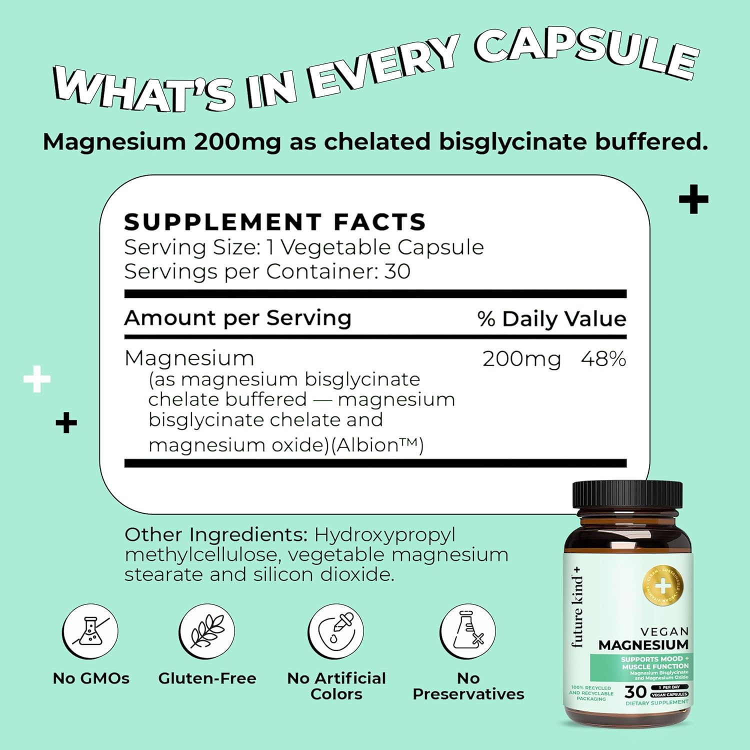 Future Kind Magnesium Glycinate, Supports Muscle and Nerve Function, High Absorption Chelated Magnesium Supplement, Nightly Calm, Energy & Metabolism, Highly Bioavailable & Potent - 30 Vegan Capsules