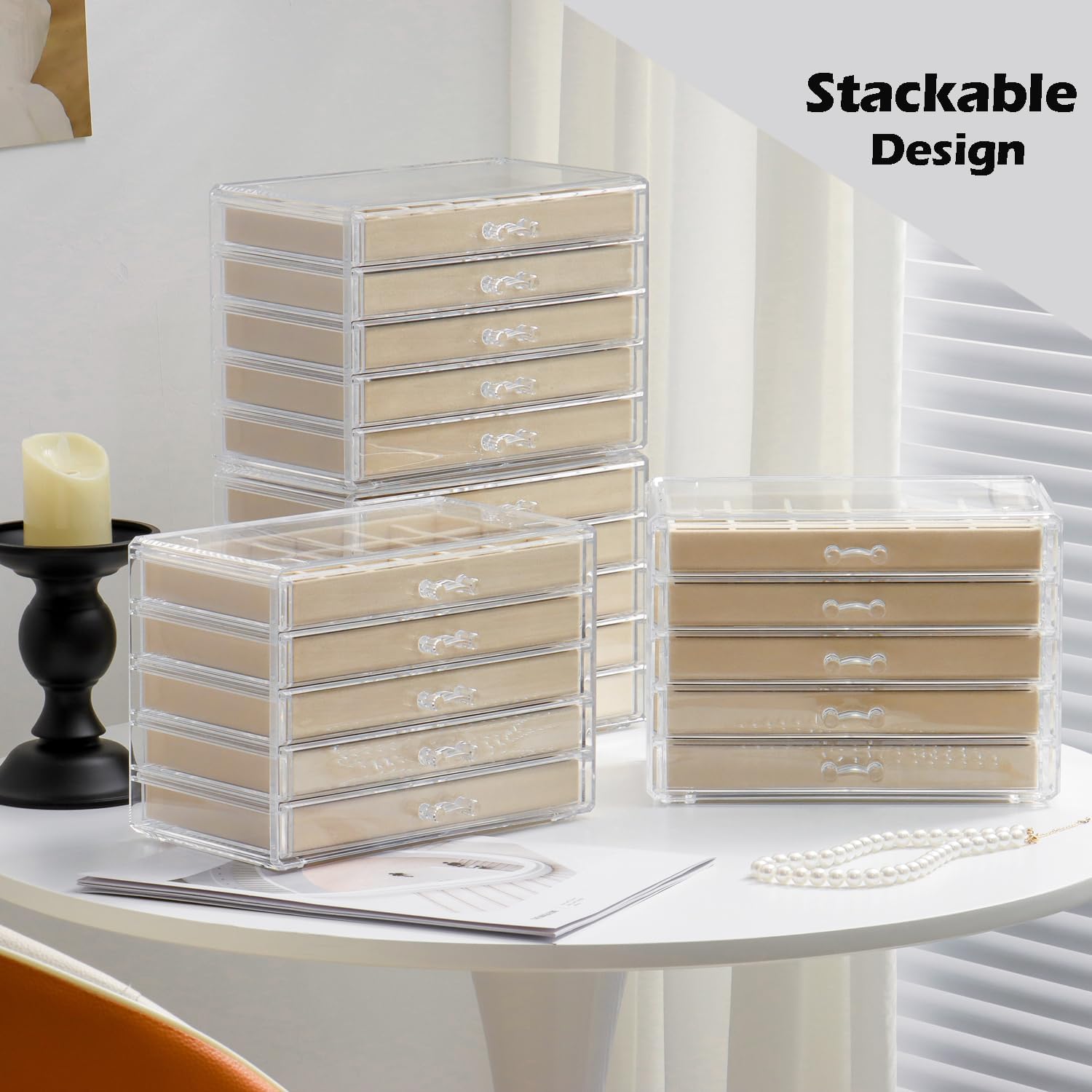 Jewelry Organizer with 5 Drawers Clear Acrylic Earring Display Case Velvet Jewelry Storage Box Display Holder for Earring Ring Bracelet Necklace (Beige, 48 Grids) - Image 7