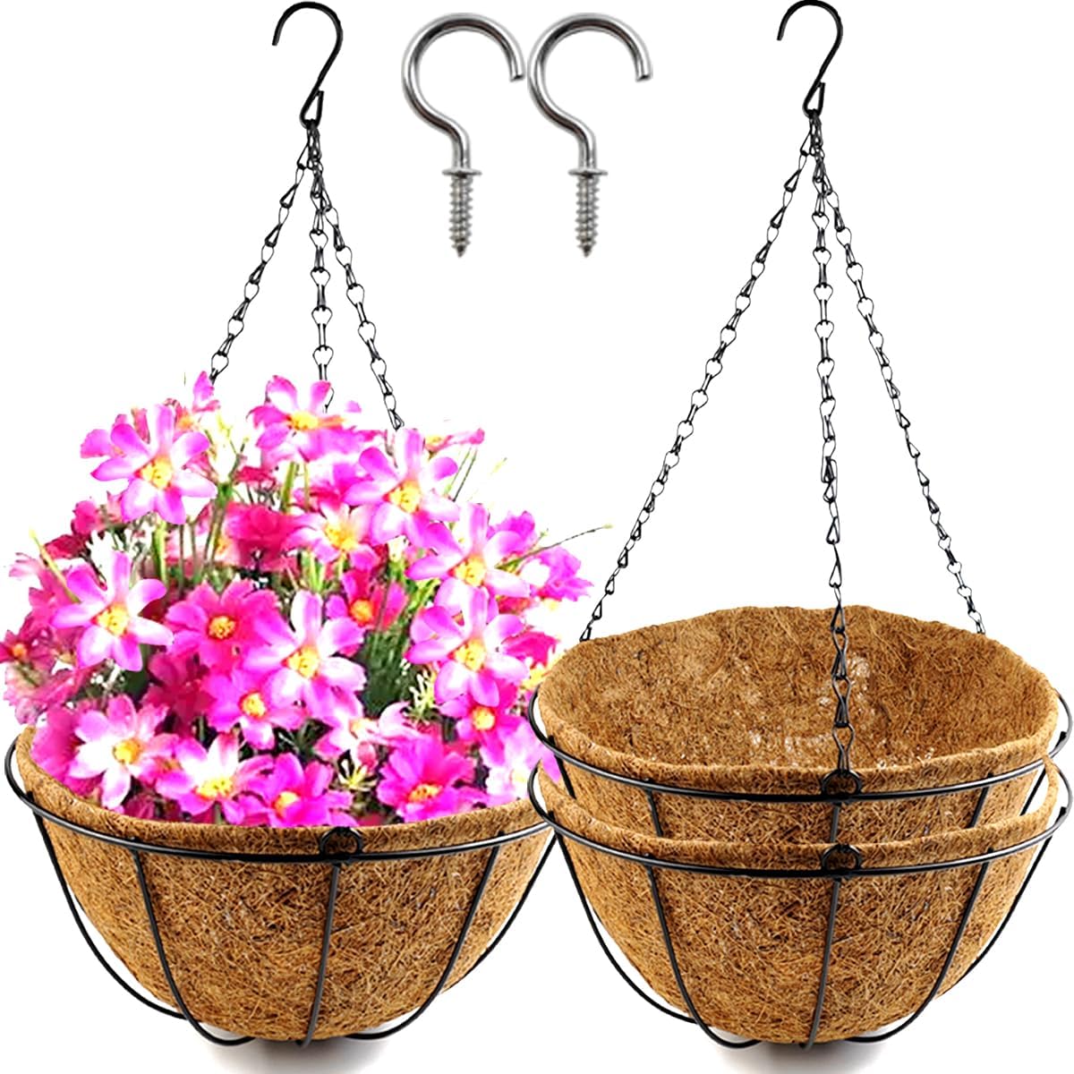TIHOOD 2 Pack 8 inch Metal Hanging Baskets for Plants Outdoor, Wire Round Planters with Coco Coir Liner, Hanging Flower Baskets for Home Garden Porch Balcony Railings Decor