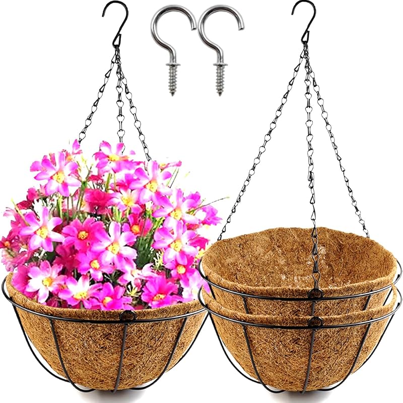 TIHOOD 2 Pack 8 inch Metal Hanging Baskets for Plants Outdoor, Wire Round Planters with Coco Coir Liner, Hanging Flower Baskets for Home Garden Porch Balcony Railings Decor