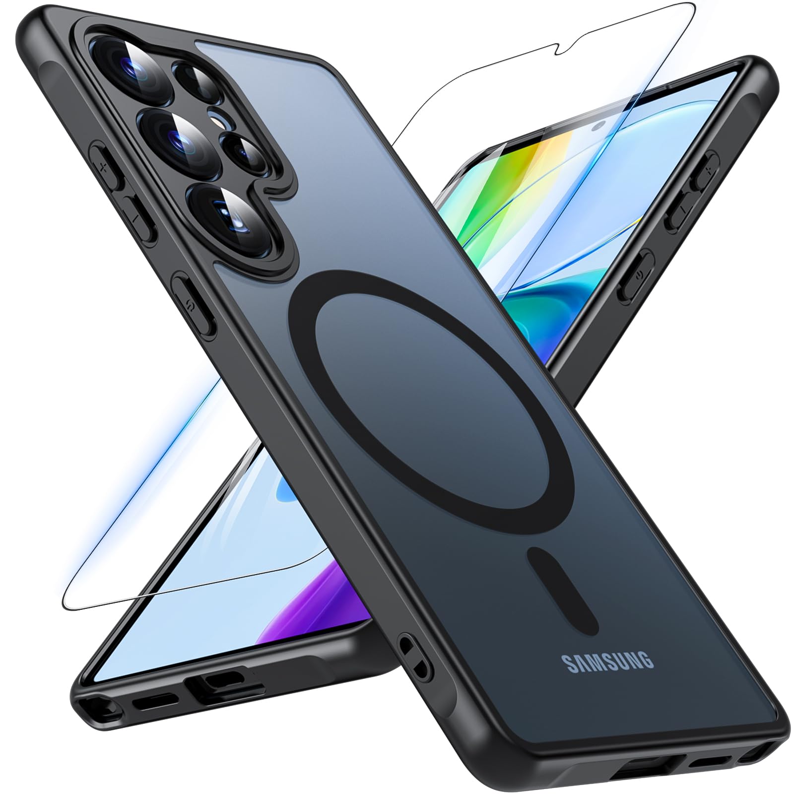 Magnetisch Für Samsung Galaxy S25 Ultra Hülle mit Panzerglas Glas,Militärschutz Handyhülle für S25 Ultra mit MagSafe Matt Transluzente Schutzfolie Schutzhülle Case Cover für Samsung S25 Ultra(Schwarz)