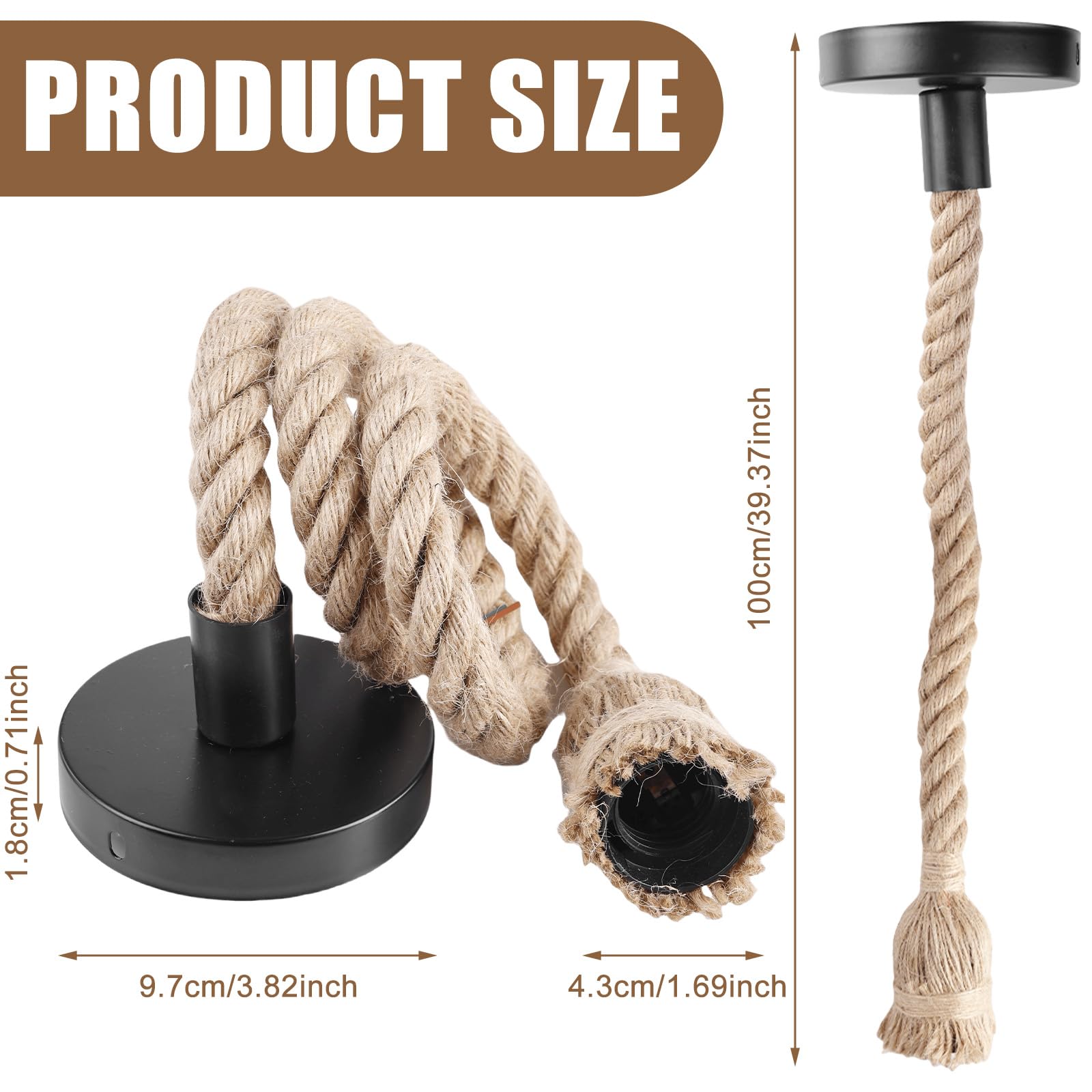 4 pezzi Portalampada E27 con cavo, Lampada a sospensione in stile retrò con corda di canapa e cavo da 100 cm, Kit di lampada a sospensione in corda di canapa per cucina, caffè, bar, magazzino