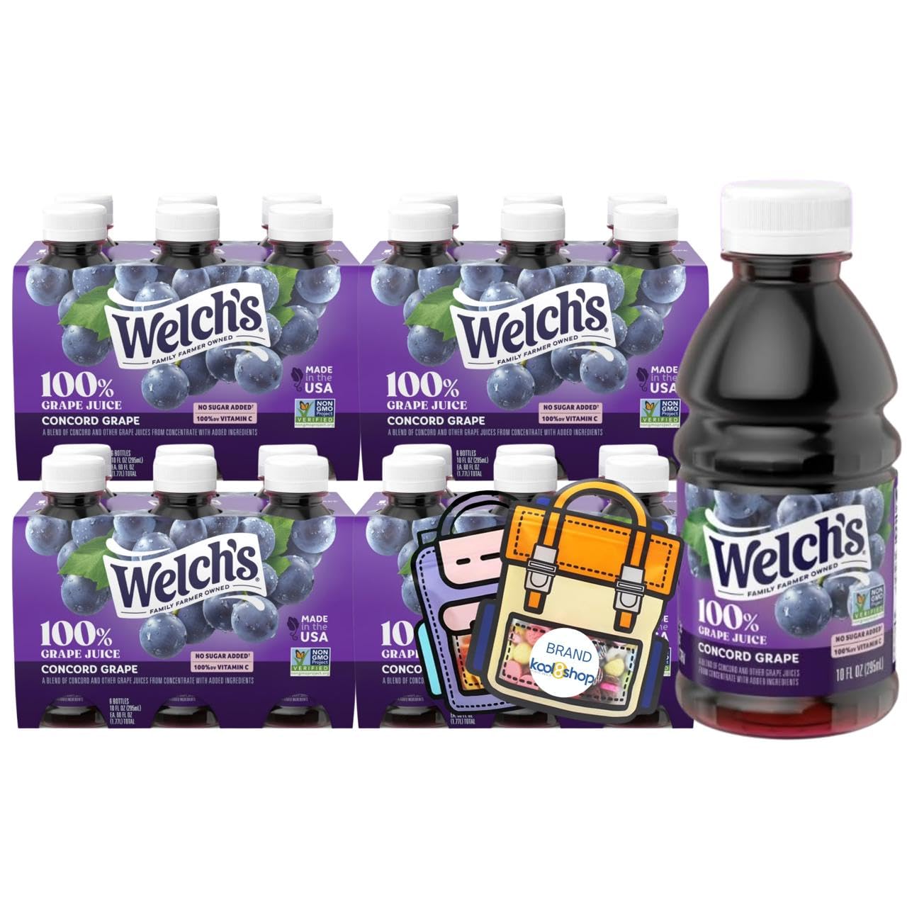 Welch’s 100% Concord Grape Juice Drink 10 fl oz Plastic Bottle 24 Pack + 2 Reusable Snack Bags by KOOL8SHOP Infinite Deals