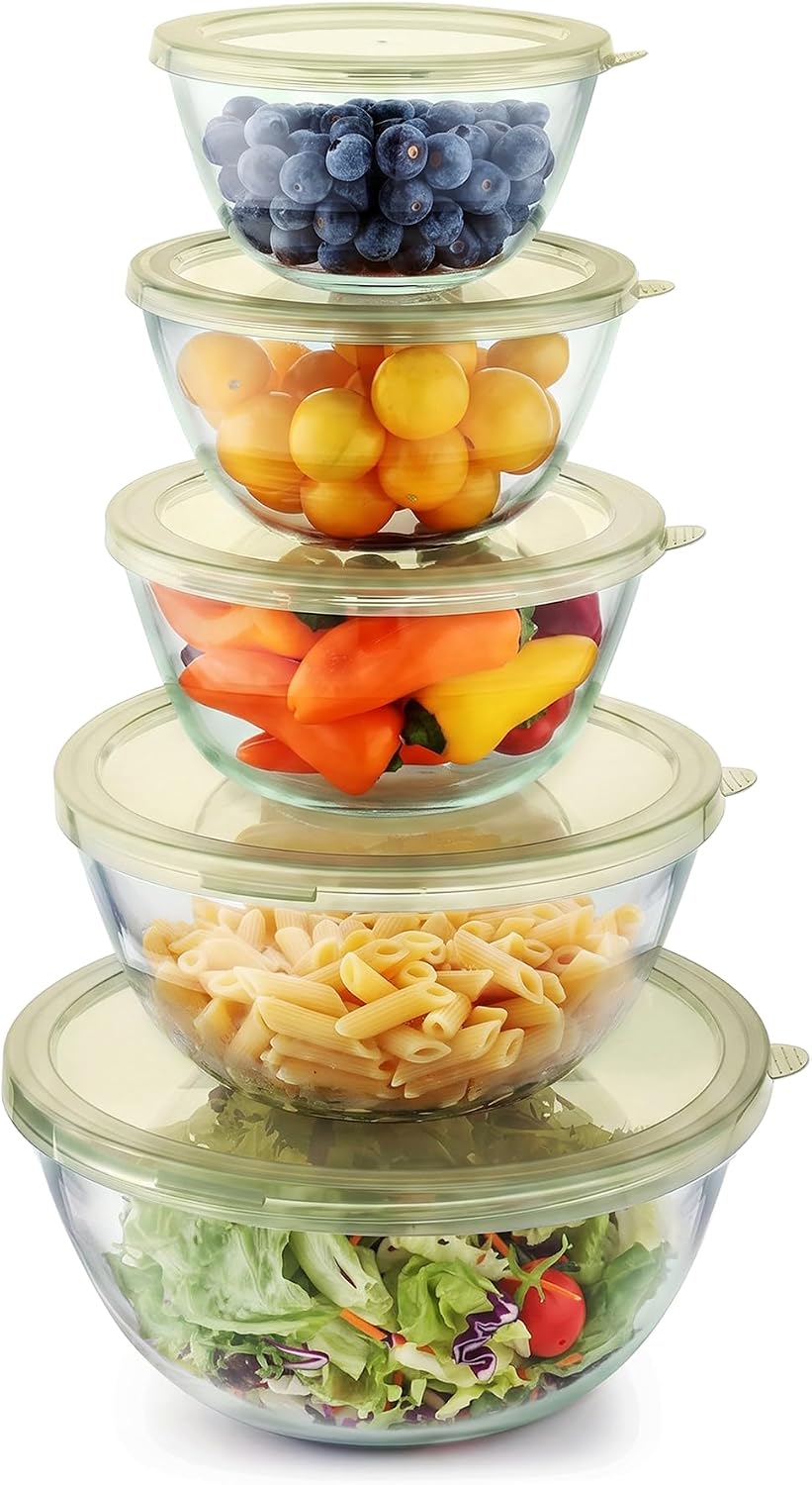 Cuiselect 5pc Glass Mixing Bowls with Lids Set (4.65QT, 2.80QT, 1.64QT, 1.16QT, 0.85QT), Nesting Salad Bowl, Glass Mixing Bowl for Cooking, Baking, Prepping-Dishwasher Microwave Freezer Safe(Green)