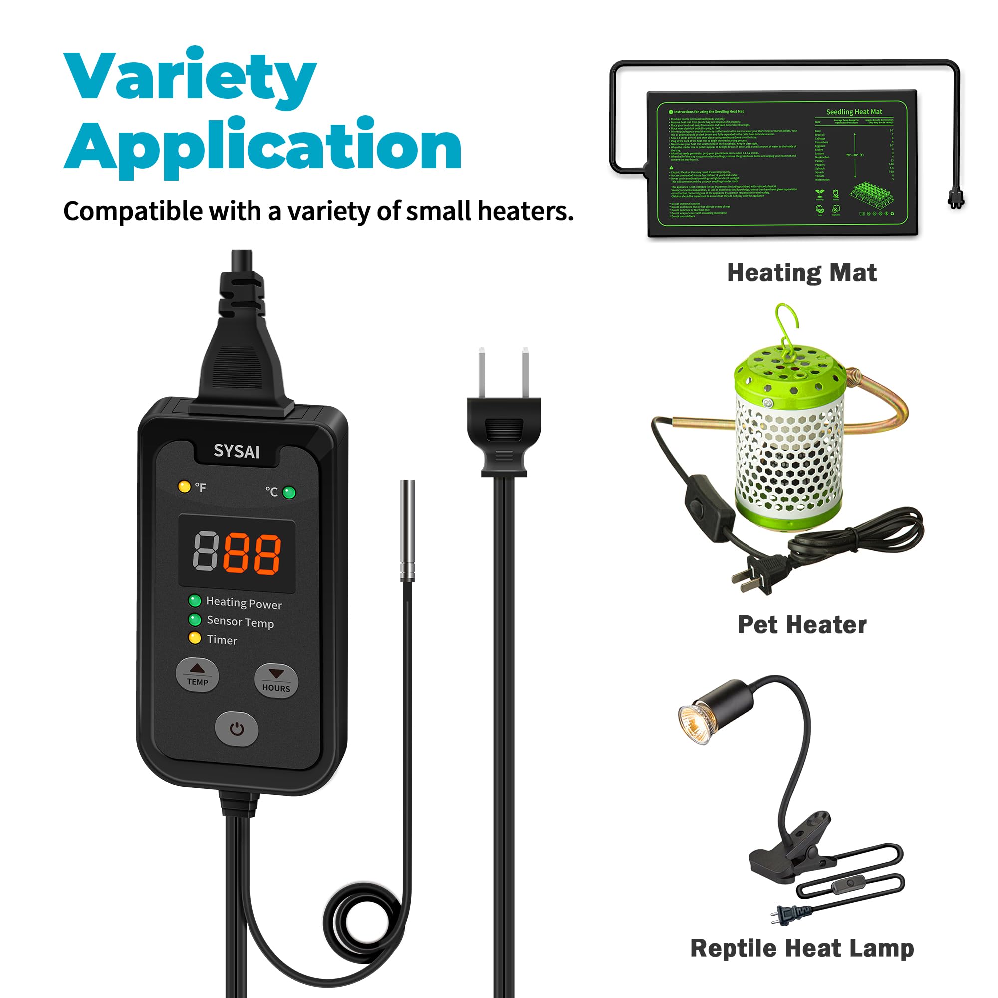 SYSAI Digital Thermostat Controller for Reptile Tank & Heat Mat, Seed Germination, Breeding & Home Brewing, 1A 100W, High Accuracy °F/°C Probe, 60-94°F - image 7
