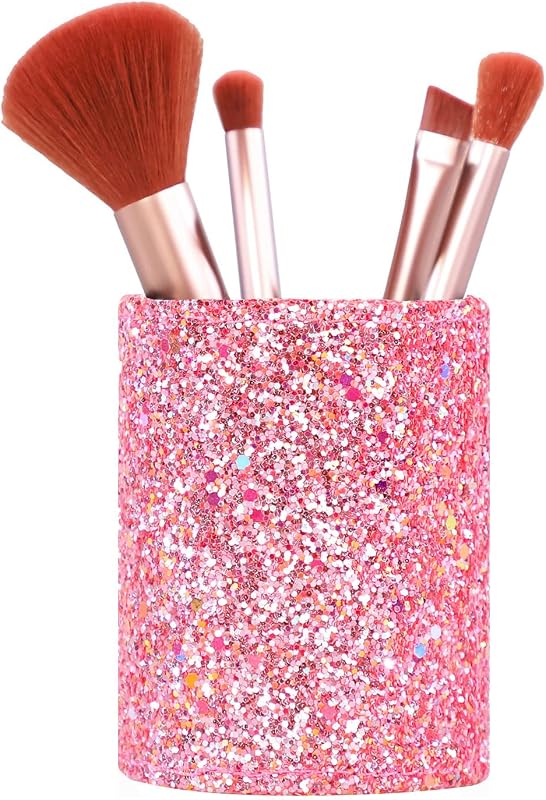 Porta-pincéis de maquiagem Wlz com lantejoulas, organizador de mesa rosa