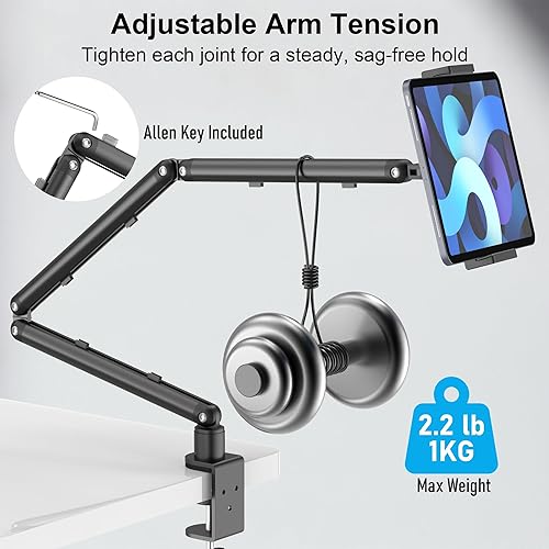 Miniatura 4 de Soporte para iPad para escritorio, brazo ajustable para tableta iPad con abrazadera en C, brazo largo plegable de 30 pulgadas y rotación de 360, se