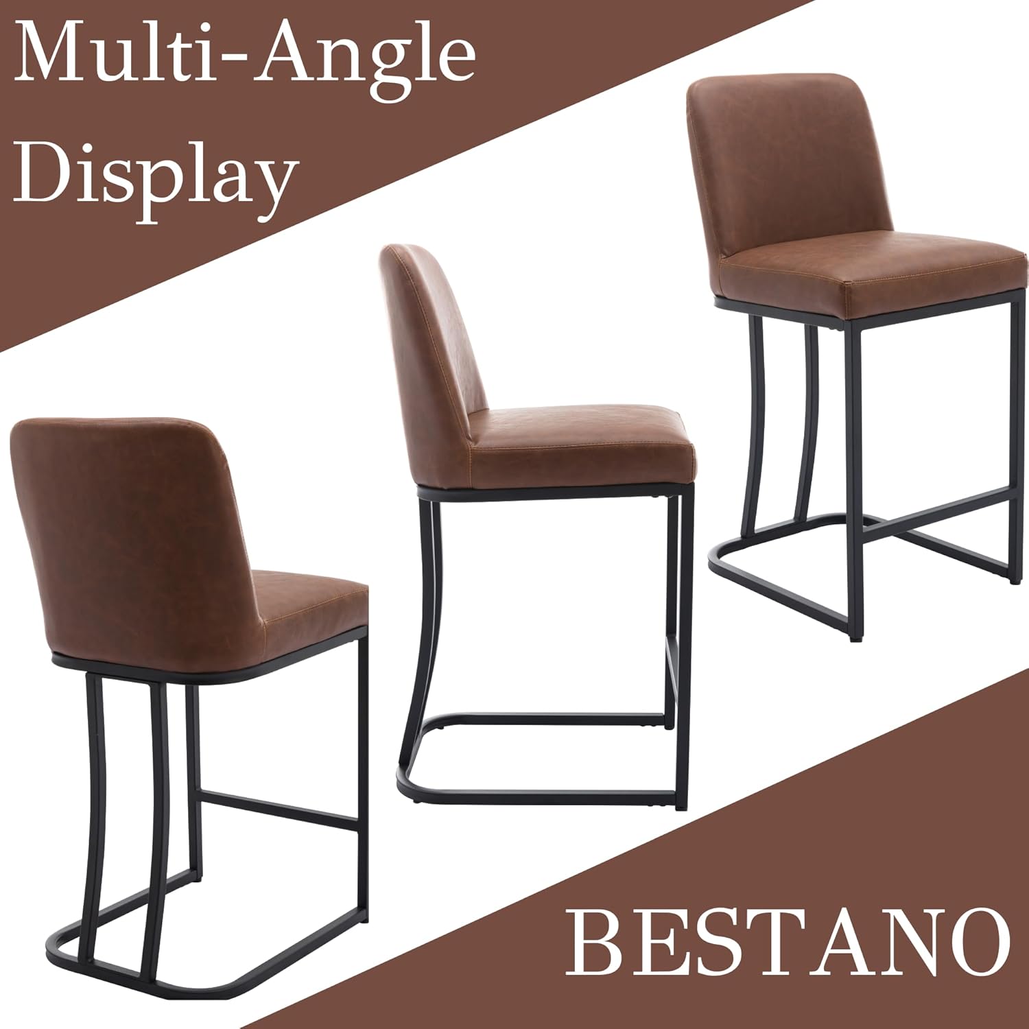BESTANO Modern Counter Height Bar Stools Set of 4 Faux Leather Counter Stools with Black Legs, 24" Barstools Island Chairs Upholstered Kitchen Bar Chairs with Back for Pub Kitchen Island, Brown