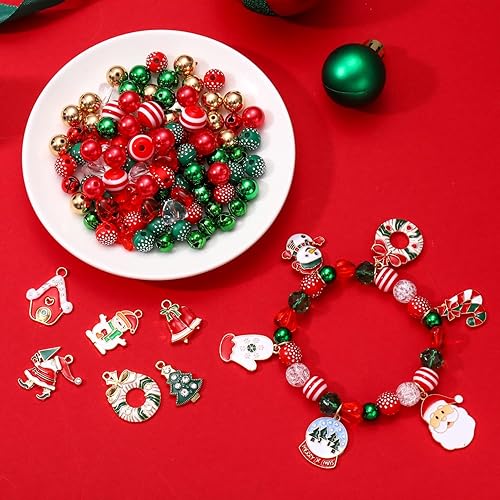 Miniatura 9 de Más de 2465 cuentas de Navidad para fabricación de joyas, perlas Heishi rojas y verdes, cuentas sueltas redondas con árbol de Navidad, caja de