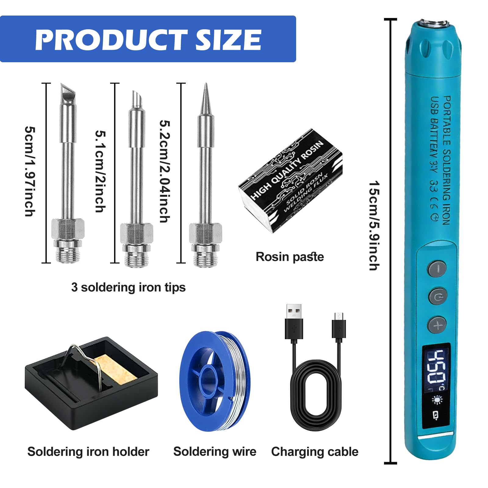 Set Saldatore a Batteria Set Saldatore Con Lcd E 3 Punte di Saldatura, Saldatore Batteria Usb, Temperatura Regolabile 200℃-450℃, Ricaricabile Usb Saldatore Senza Fili Per Riparazione Della Saldatura
