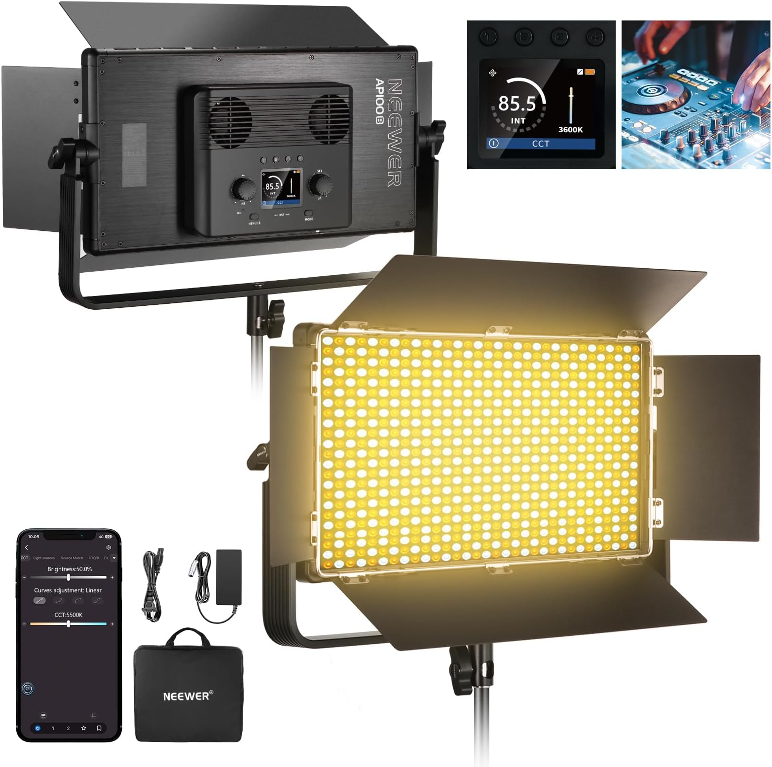 NEEWER 100W Bi Color LED Panel Video Light Kit, 960 LEDs 38600Lux@0.5m 2500K-8500K CRI96+/TLCI97+ 0-100% Dimming, APP/2.4G/Panel/DMX Control for Pro Studio Photography Recording Stage Lighting, AP100B