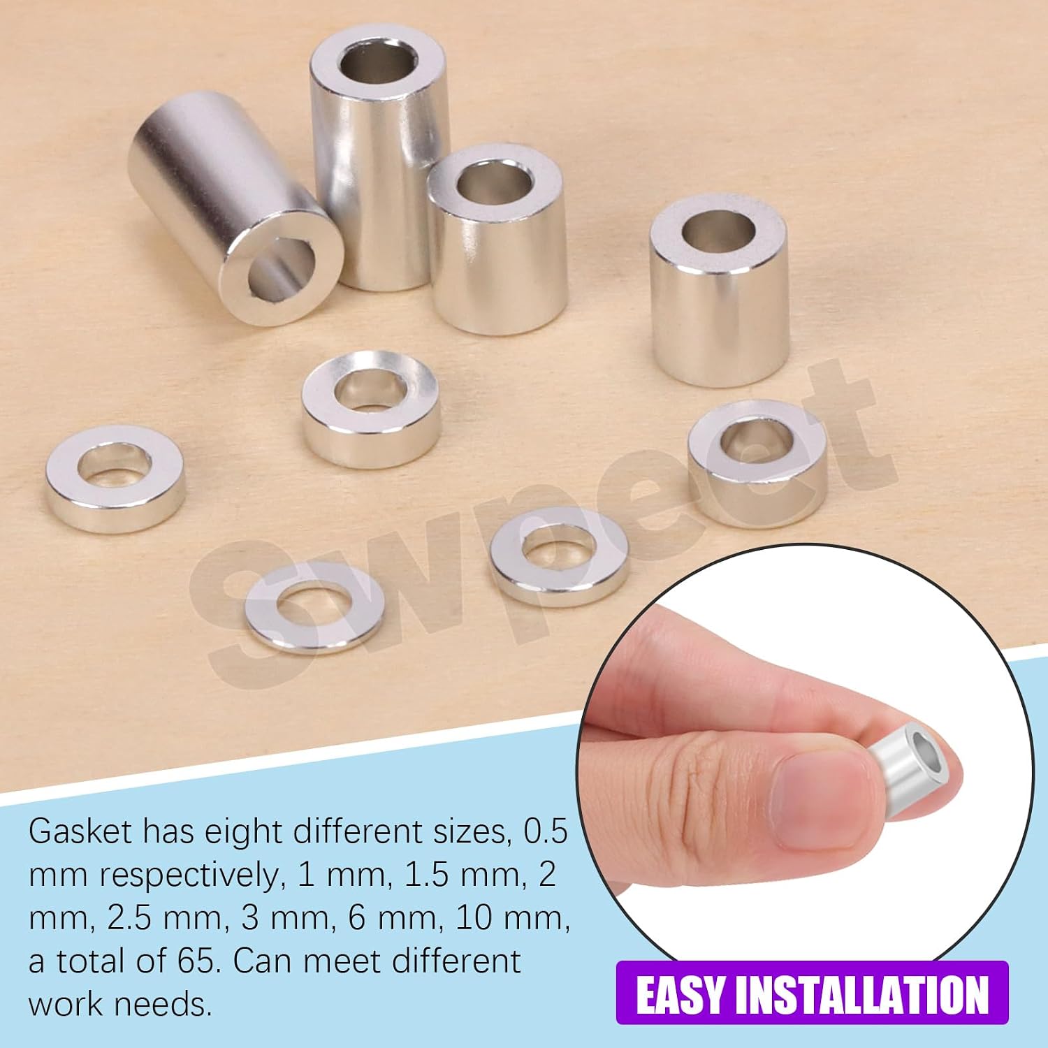 Swpeet 65Pcs 8 Sizes M3 Aluminum Spacer Assortment Kit, 3.1×6mm(ID×OD) Silver Aluminum Standoff Column Spacer, Round Spacer Unthreaded Standoff Bushing Plain Finish, Length 0.5/1/1.5/2/2.5/3/6/10mm