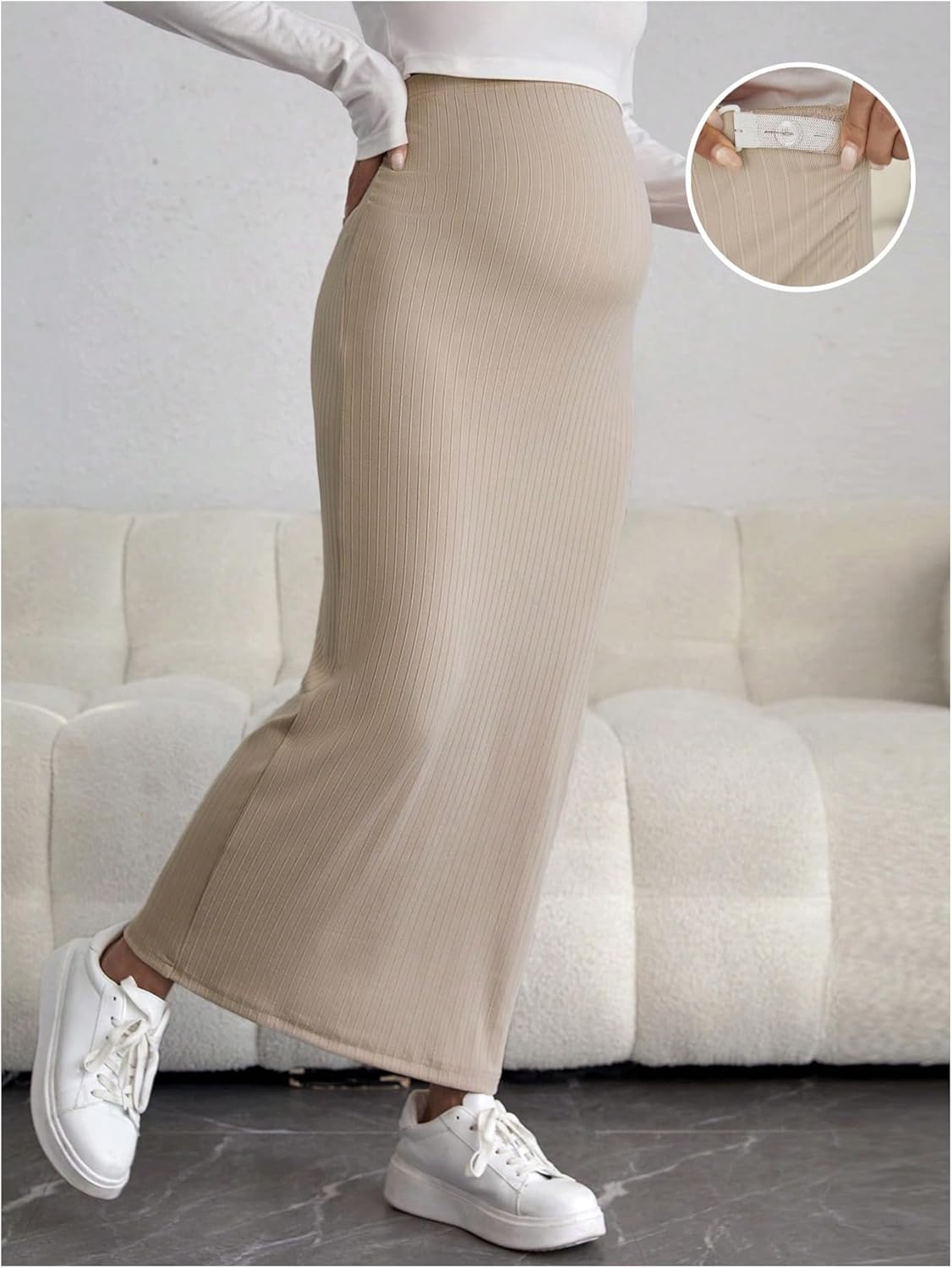 OYOANGLE Women's Maternity High Waist Long Maxi Skirt Casual Solid Adjustable Skirts - Image 4