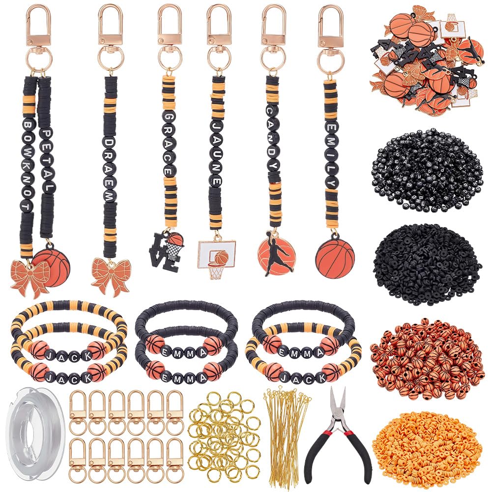 ORIGACH Juego de 24 llaveros de baloncesto, 877 unidades, pulseras de baloncesto, juego de llaveros ajustables, cadena de cuentas de letras del alfabeto, colgante deportivo, fabricación de joyas