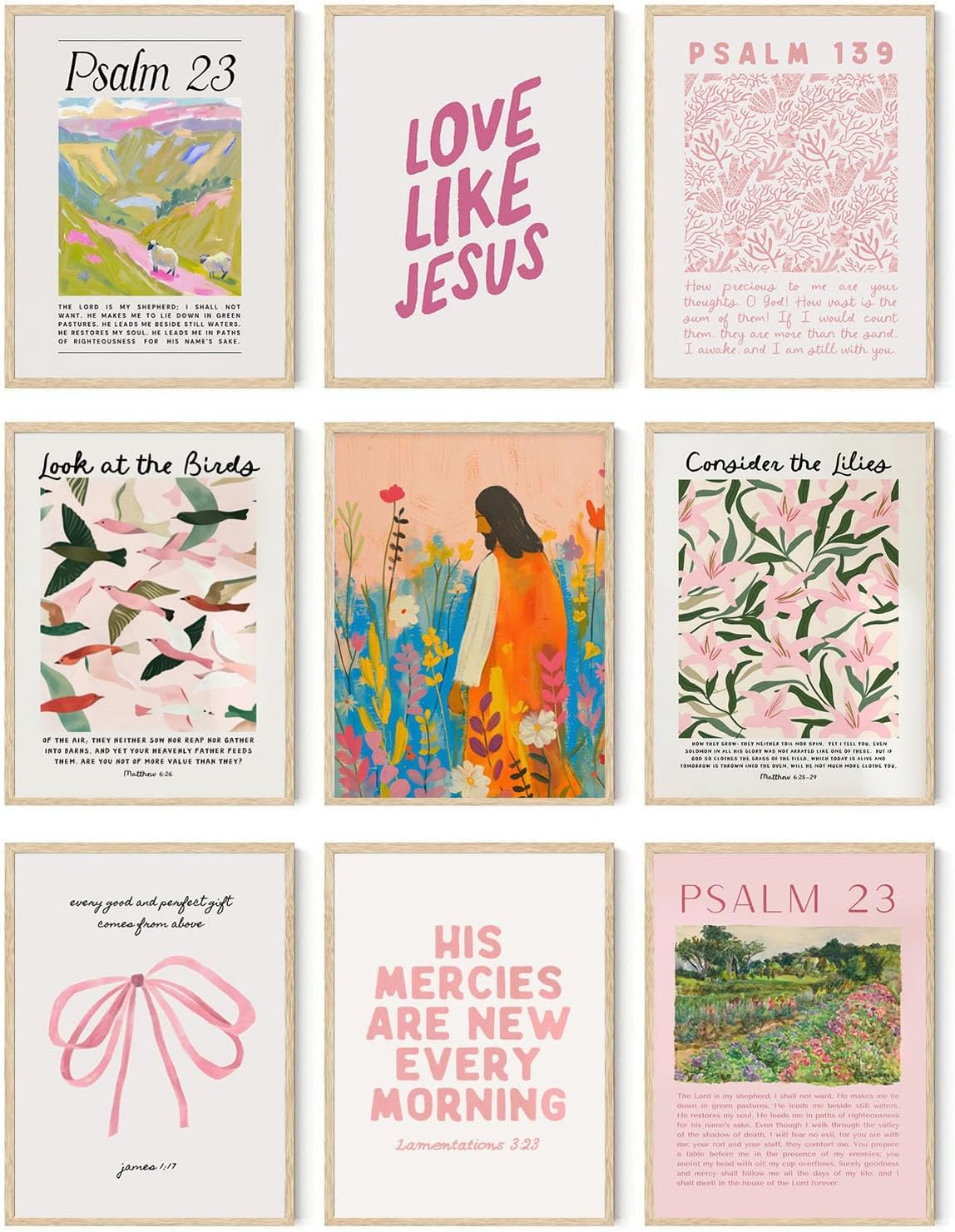 9pcs Christian Wall Art Bundle in Pink Bible Verse Paintings Pictures Wall decor Jesus Poster Printing Artworkfor Girls Room Christian Housewarming Gift Fashionable college style Home Decoration
