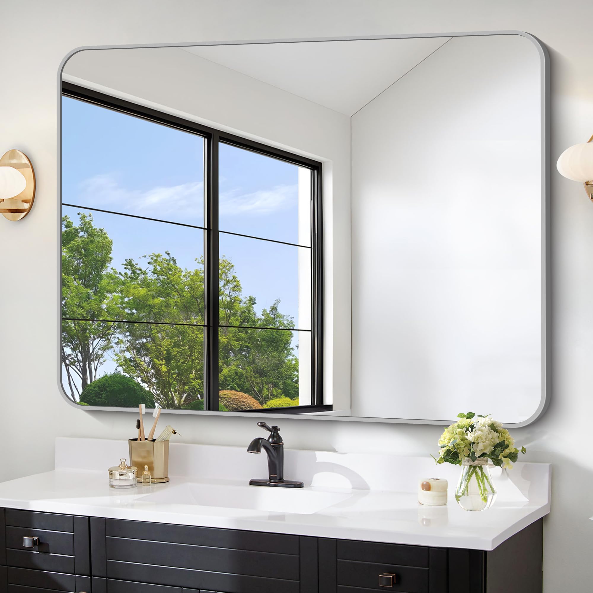 forbath 36x48 inch silver bathroom mirror for over sink, large rectangular wall mirror with metal frame, rounded corners for bathroom, bedroom, entryway decor (horizontal or vertical)