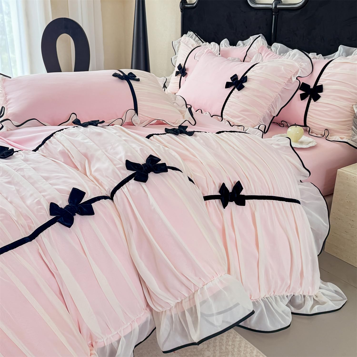 Ruffle Beddding Set with Bowtie,Girls Lace Bedding,Full Comforter Cover Set, Chic Ruffled Duvet Cover with Lovely Bow,Princess Style 1 Duvet Cover with 2 Pillowcases, No Comforter