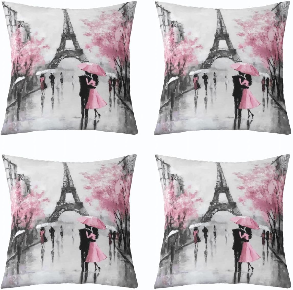 Paris Throw Pillow Covers, French Eiffel Tower Pillow Covers For Home Bed Sofa Couch, Retro Paris Themed Cushion Covers Watercolor Cherry Blossoms Decorative Pillow Covers, 18x18 Set of 4, Pink Grey