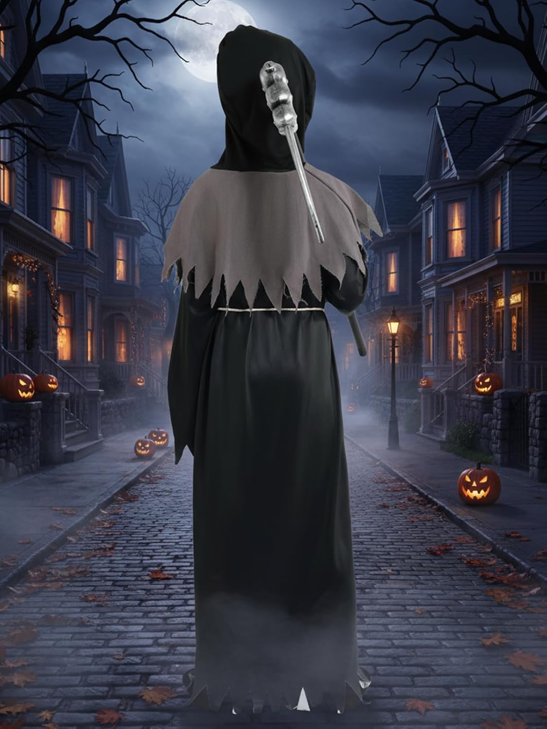 Valcatch Grim Reaper Costume Kids Boys Halloween Costumes Scary Ghost Costume with Black Cape,Scythe,Skull Mask & Gloves - Image 3